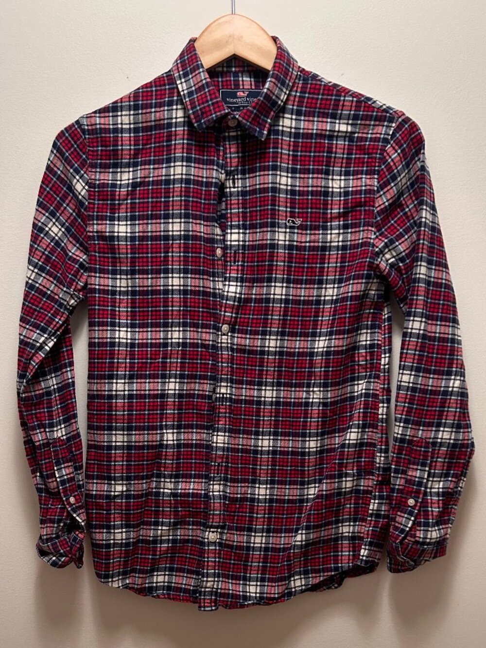 Vineyard Vines Boys Flannel, red/white/blue plaid, size L